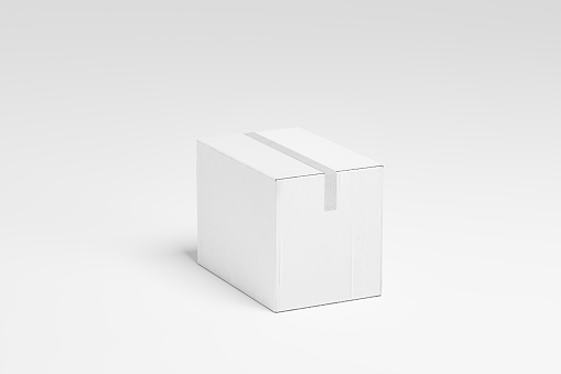 Illustration isolated on white background of white cube blank box with duct tape from above 3d render
