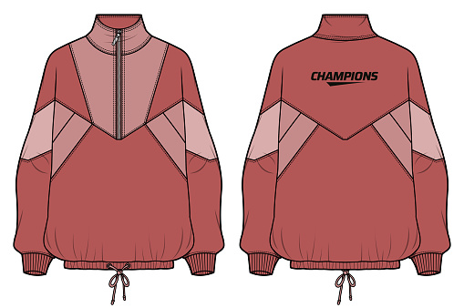 Women Long sleeve tracking jacket design flat sketch illustration, windbreaker jacket with front and back view, winter jacket for girl and women. for hiking, tracking and running in winter.