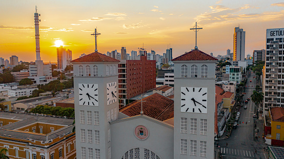 Catedral Basilica do Senhor Bom Jesus de Cuiaba. Aerial images of Cuiabá, capital of the state of Mato Grosso, aerial view of the city center. Avenues and streets with the greatest flow, images recorded in January 2023. Demonstrates the urban area, buildings and streets of the City.