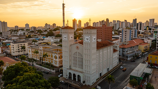 Catedral Basilica do Senhor Bom Jesus de Cuiaba. Aerial images of Cuiabá, capital of the state of Mato Grosso, aerial view of the city center. Avenues and streets with the greatest flow, images recorded in January 2023. Demonstrates the urban area, buildings and streets of the City.