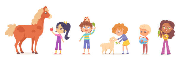 Kids feed domestic pets and farm animals set, boys and girls holding food for friends Kids feed domestic pets and farm animals set vector illustration. Cartoon isolated boys and girls holding food for friends, children feeding farm horse and lamb, funny hamster and parrot, fish goldfish snack stock illustrations
