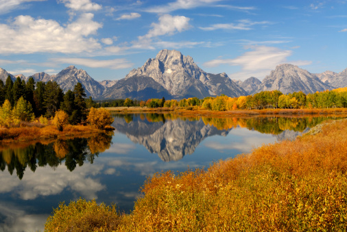 View of Mt. Moran from Oxbow Bend.  Mt. Moran is part of the Tetons Range in the Grand Teton National Park.  