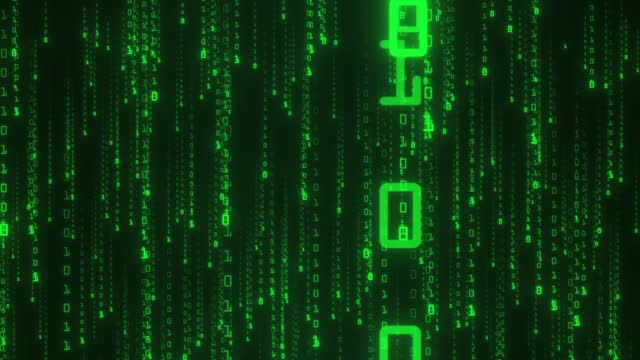 The Matrix style binary code. Seamless loop. Digital binary code processing on screen background loop. Data rendering of a scientific technology data binary code. Concept of science, motion graphic,