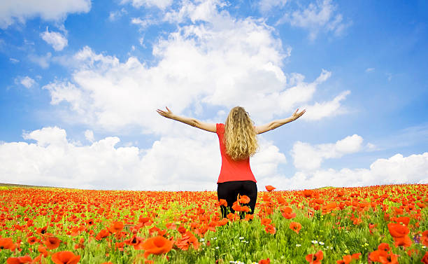 istock A woman standing in a poppy field 146054314