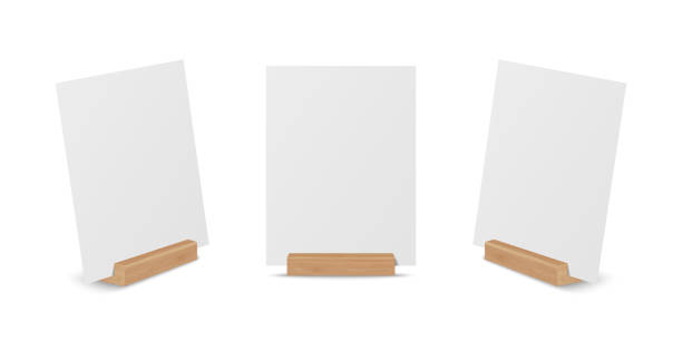 istock Vector 3d Realistic White Blank A4 Vertical Paper Sheet, Card on Wooden Holder, Stand Icon Set Closeup Isolated. Design Template for Mockup, Menu Frame, Booklets. Acrylic Tent Card. Front, Side View 1460543214