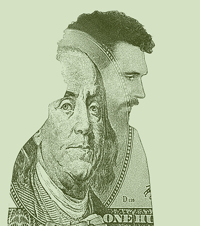 Multiple exposure of man and US Currency, worried about money