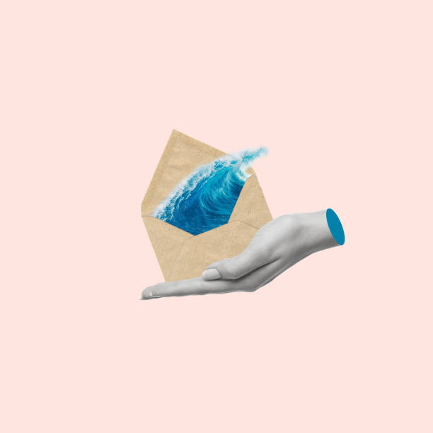 Contemporary art collage of hand holding an envelope with big wave. .