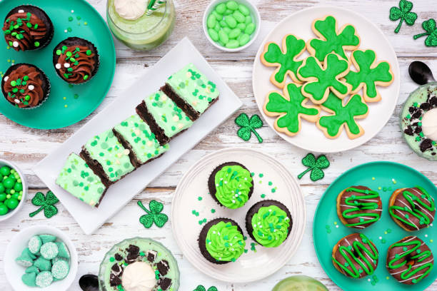 istock St Patricks Day dessert table scene over white wood 1460544692