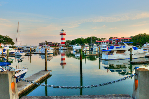 Lighthouse with boats in early morning-Hilton Head, South Carolina