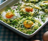 Zucchini egg nests with the addition of fresh herbs in casserole dish, close-up view.