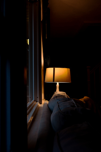 Single Table Lamp Lit in Dark Shadows of Rainy Day in Living Room in Saint Paul, Minnesota, United States