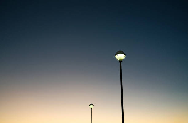 istock Glowing streetlamps against evening sky 1460547261