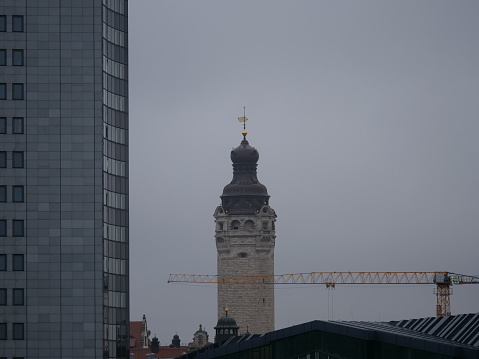 Tower of the New Town Hall in Leipzig, built between 1899 and 1905 in the style of historicism, seen from afar