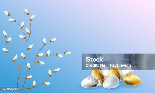 istock Easter background, banner with decorative gold and silver eggs and pussy willow branches 1460552103