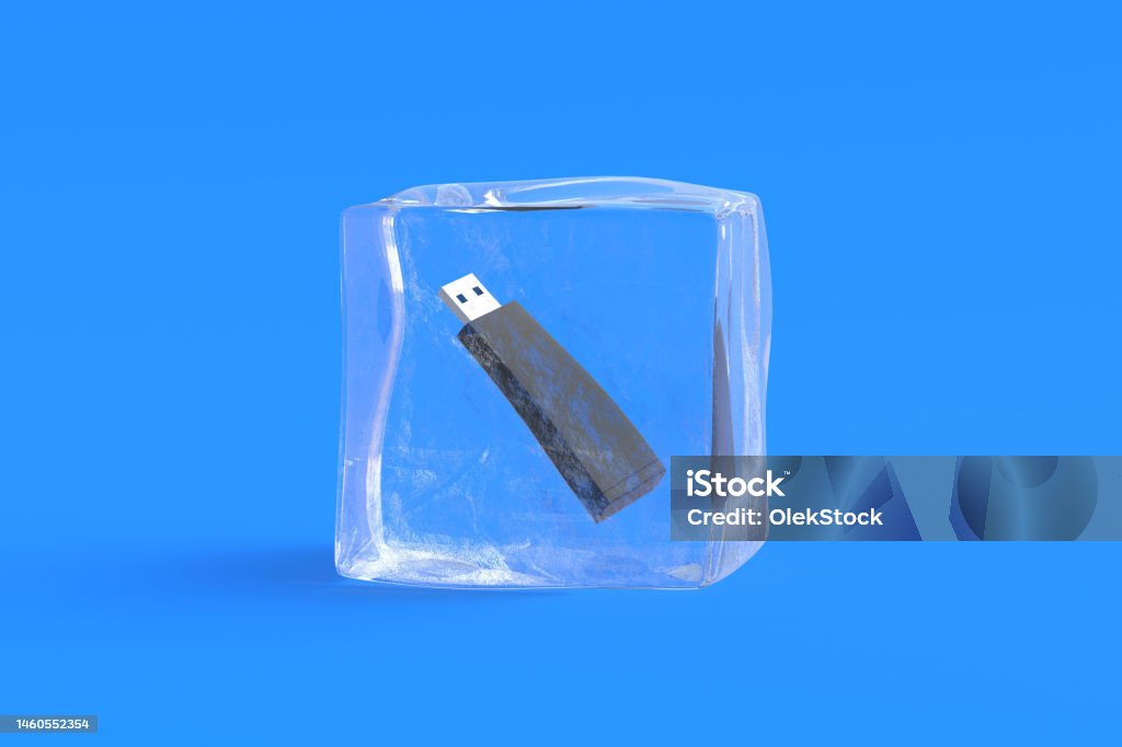 Flash drive in ice cube. 3d illustration Accessibility Stock Photo
