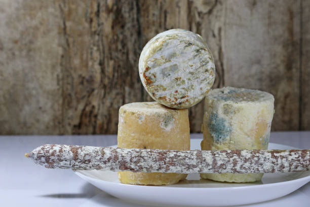 istock Round blue cheese and sausage with mold 1460552654