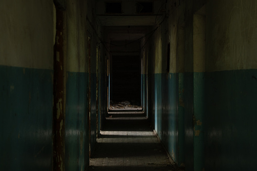 dark abandoned corridor of empty premises in Dnipro city