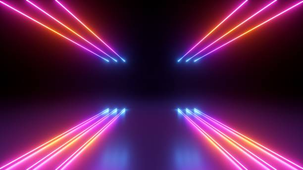 3d rendering. Abstract futuristic neon background. Red blue lines, glowing in the dark. Ultraviolet spectrum. Cyber space. Minimalist wallpaper stock photo