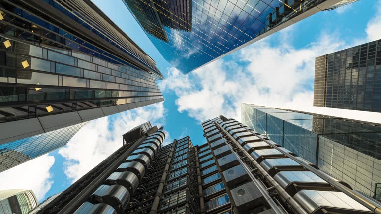 Time lapse of Low angle view of business corporate building skyscraper in downtown district of London, United Kingdom,