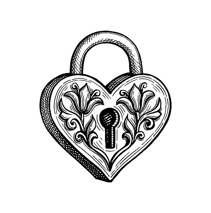 Heart shaped padlock with vintage ornament. Valentine day design. Hand drawn ink sketch. Retro style.