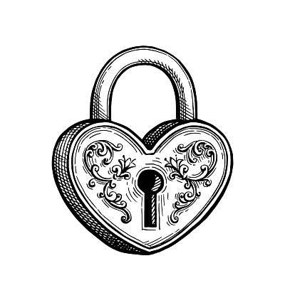 Vintage heart shaped padlock. Valentine day design. Wedding accessory. Hand drawn ink sketch. Retro style.