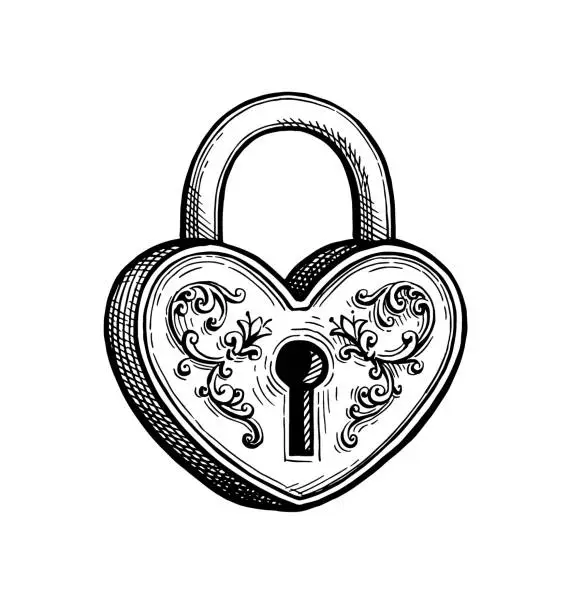 Vector illustration of Heart shaped padlock ink sketch.