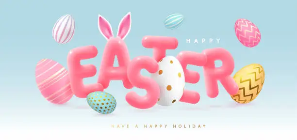 Vector illustration of Happy Easter typography background with colorful easter eggs and 3D text. Greeting card or poster. Vector illustration