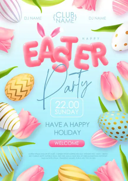 Vector illustration of Happy Easter typography party poster with colorful easter eggs, tulips and 3D text. Greeting card or poster. Vector illustration