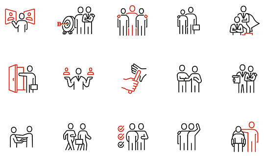 Vector Set of Linear Icons Related to Leadership Traits, Career Progression, Self-Realization and to Share Experience. Mono Line Collection Icons and Infographics Design Elements