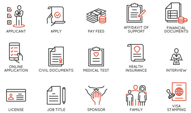 illustrations, cliparts, dessins animés et icônes de ensemble vectoriel d’icônes linéaires liées au processus d’émigration et aux documents requis. pictogrammes monolignes et éléments de conception infographique - civilian