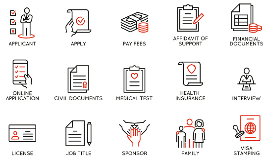 Vector set of linear icons related to emigration process and required documents. Mono line pictograms and infographics design elements