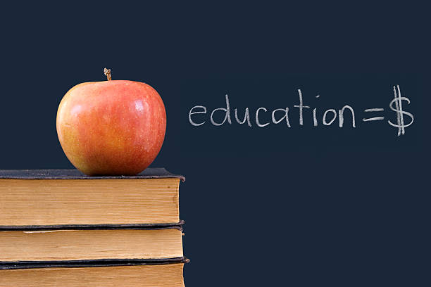 istock education = $ written on blackboard with apple, books 146056357