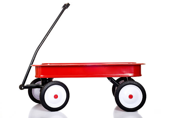 A Childs toy red wagon on a white background A little red wagon on a white background with copy space toy wagon on white stock pictures, royalty-free photos & images