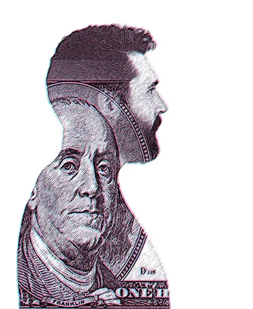 Vector illustration of Multiple exposure of man and US Currency with Glitch Technique