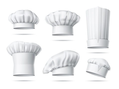 Realistic chefs hats. Professional cooks toques, isolated headgears, working uniform 3d element, restaurant kitchen accessory, traditional textile costume for restaurant or cafe, utter vector set