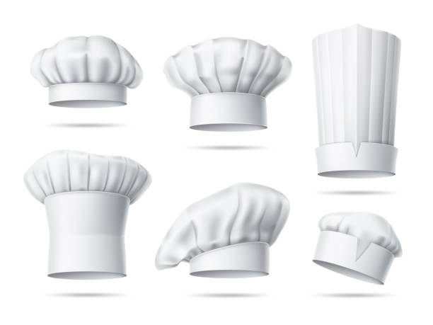 realistic chefs hats. professional cooks toques, isolated headgears, working uniform 3d element, restaurant kitchen accessory, traditional textile costume for restaurant, utter vector set - ��廚師帽 幅插畫檔、美工圖案、卡通及圖標