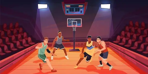 Vector illustration of Basketball match. Professional sports game, different teams players with orange ball, closed hall with spectator seats, people on tournament or championship tidy vector cartoon flat concept