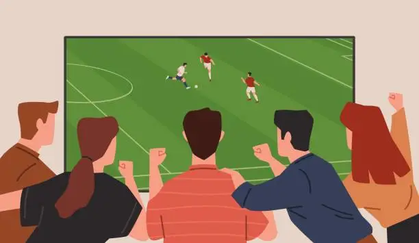 Vector illustration of Football fans back view. People watch match, television translation, happy friends cheer for favorite sport team, championship live broadcast, sports fans, nowaday vector cartoon flat set