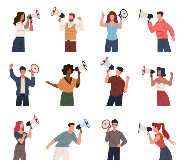 Vector illustration of People speak into megaphone. Different flat people characters hold loudspeakers in hands, event alert, audio announcing, men and women shouting message, nowaday vector isolated set