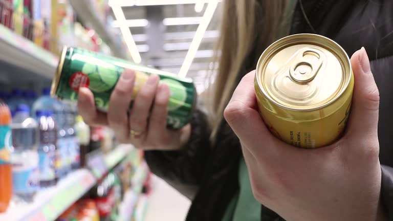 A customer in a store chooses a can of juice. Juice in an iron can.  Juice in can of different colors, filled with vitamins from plants.