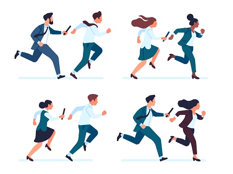 Businessman passes baton to his colleague in relay race. Business group competition. Employees partnership. Running men and women with sticks. Team rivalry. Sprinting people. Vector office workers set