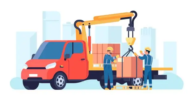 Vector illustration of Truck with crane. Construction and loading equipment. Men lifting boxes by machinery. Freight containers hanging on hook. Workers unloading lorry. Crates transportation. Vector concept