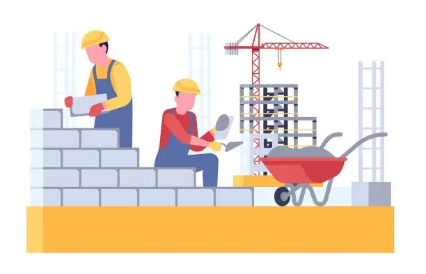 Vector illustration of Workers build brickwork by laying bricks. House building. Bricklaying wall. Bricklayers work. Men with trowel and wheelbarrow. Mason in uniform. Construction industry. Vector concept