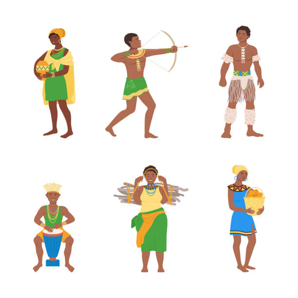 明るい伝統的な服のセットを着たアフリカの人々。アフリカの部族のアボリジニの男性と女性のベクターイラスト - loin cloth点のイラスト素材／クリップアート素材／マンガ素材／アイコン素材
