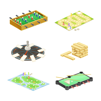 Board games set. Adventure, billiard, roulette, jenga, football or soccer recreational and competitive game vector illustration isolated on white