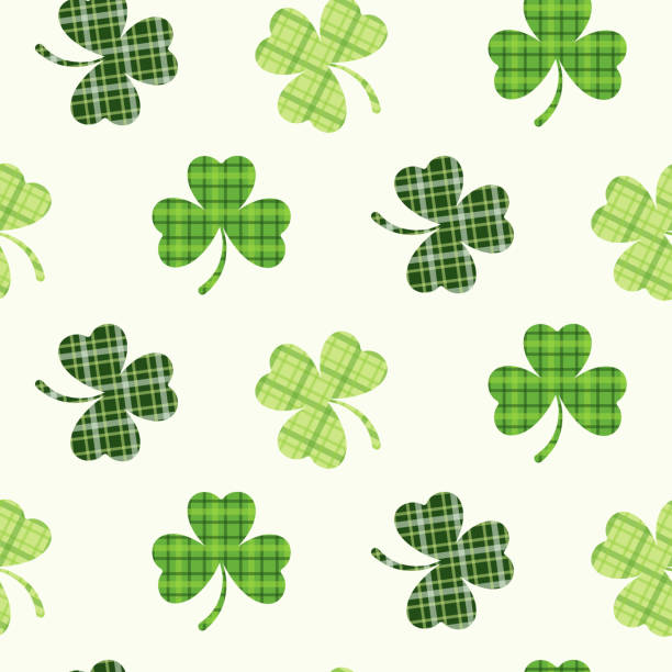 ilustrações, clipart, desenhos animados e ícones de padrão sem costura do dia de são patrício de folhas de trevo em textura xadrez irlandesa e em fundo isolado. - clover leaf green spirituality