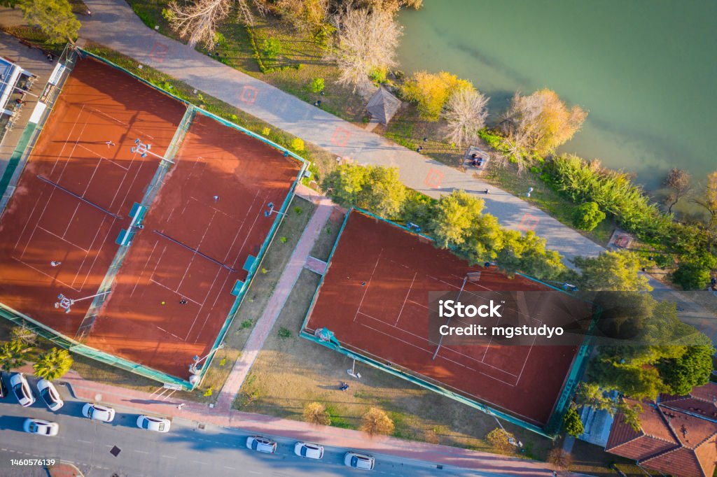 Aerial view of a Manavgat tennis court by river Tennis Stock Photo