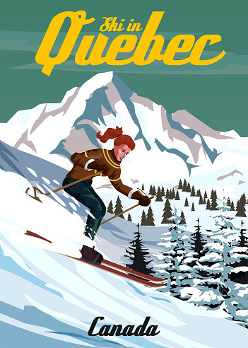 Travel poster Ski Quebec resort vintage. Canada winter landscape travel view, skier woman on the snow mountain, retro. Vector illustration