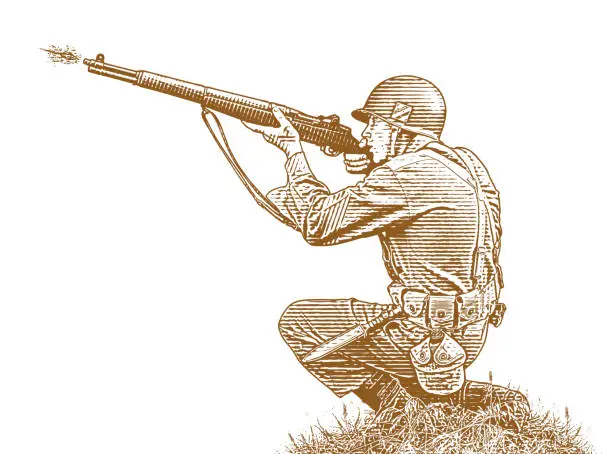 Vector illustration of WWII soldier shooting M1 Grand Rifle