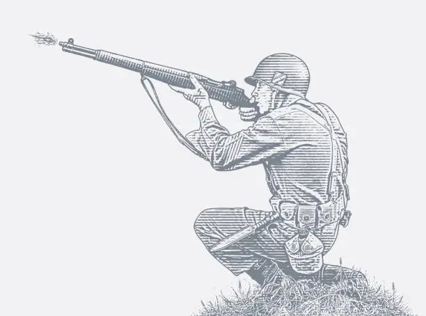 Vector illustration of WWII soldier shooting M1 Grand Rifle